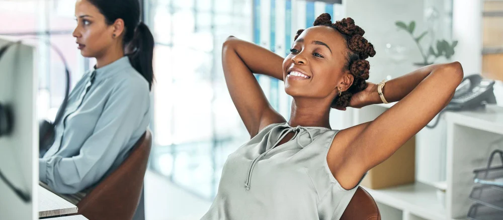 Photo relax digital office customer service business and done happy employee digital transformation crm technology diverse call center workspace in corporate working support staff relax and smile
