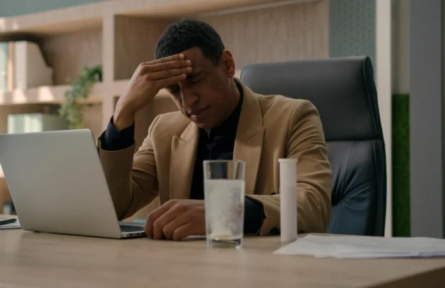 African American overworked businessman throw fizzy pill in glass of water apply drug supplement