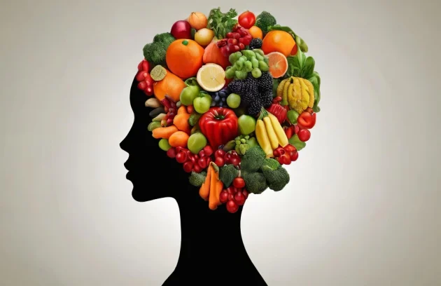 Nutritionists concept silhouette head made of fruits vegetables Creative health symbolism genera