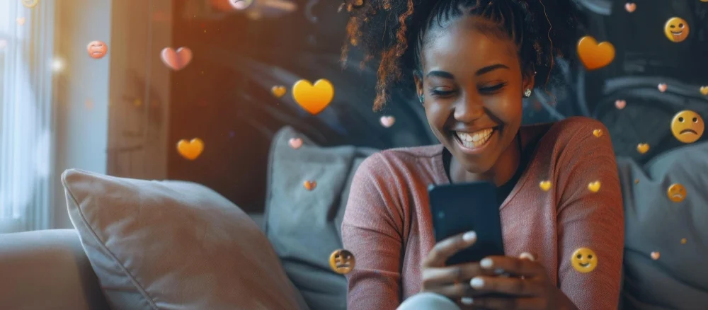 A happy Black woman uses her smartphone while sitting on a couch Social media icons including hearts and smiley faces float around her device