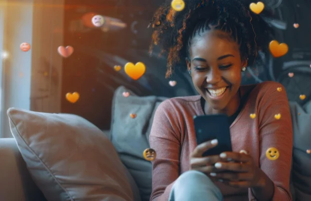 A happy Black woman uses her smartphone while sitting on a couch Social media icons including hearts and smiley faces float around her device