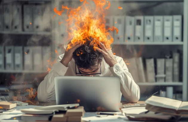 Stressed Out Employee in a Chaotic Workspace