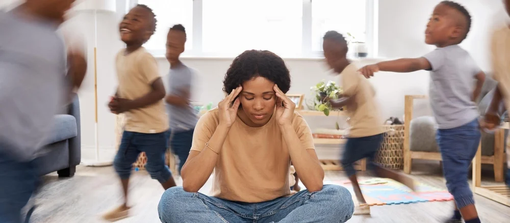 Kids mom with ADHD and stress for running in home and frustration