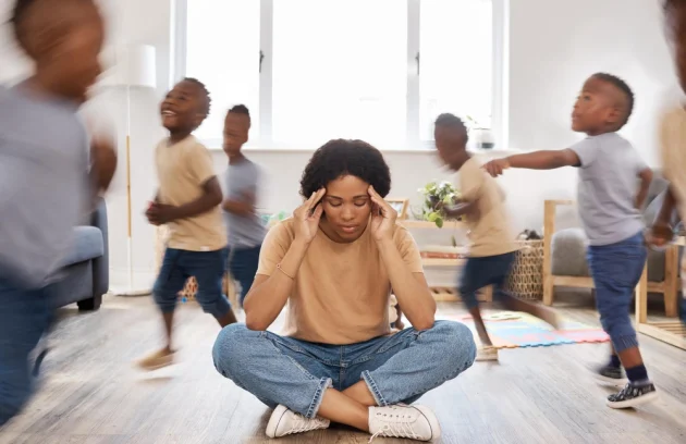 Kids mom with ADHD and stress for running in home and frustration