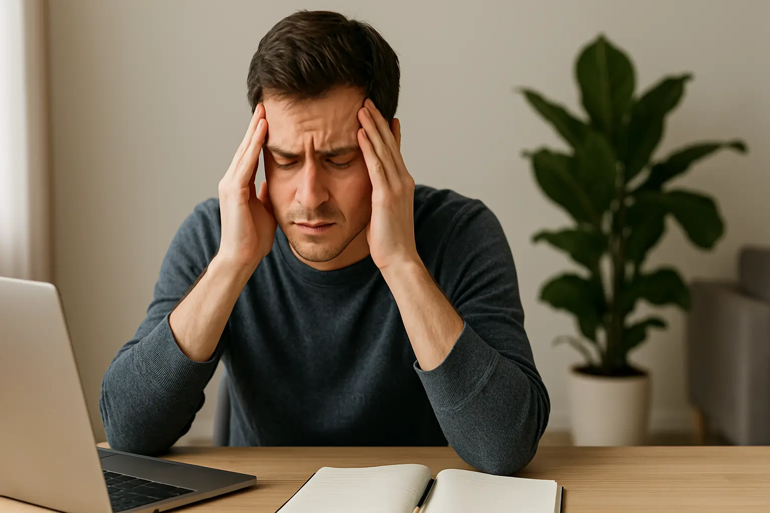 A young man sits at a desk with his hands on his temples, looking overwhelmed and stressed