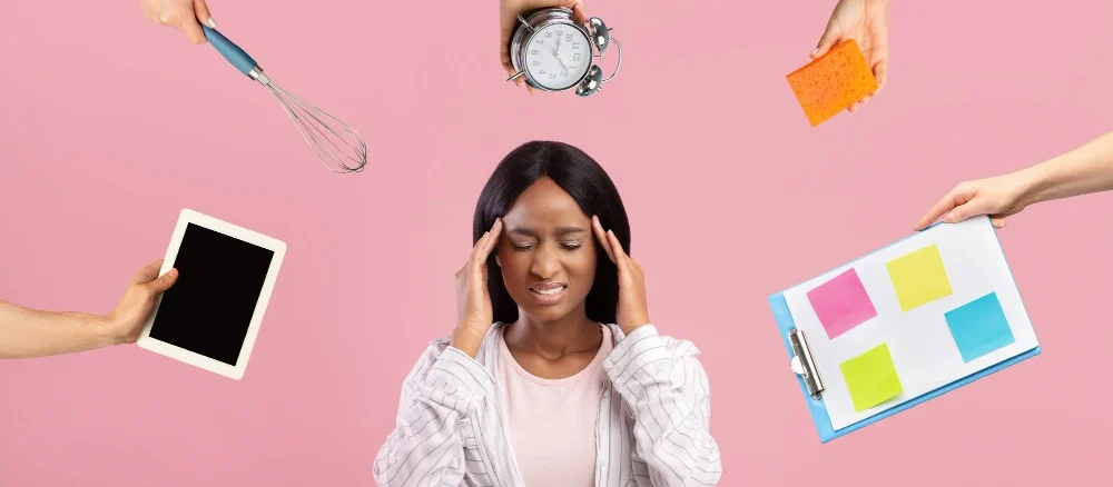 Overwhelmed african american young woman having difficulties with time management