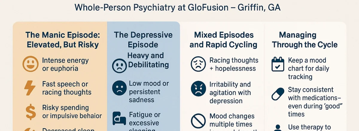 Infographic titled "Understanding Bipolar Episodes: Mania vs. Depression" by Whole-Person Psychiatry at GloFusion – Griffin, GA. It’s divided into four vertical sections: The Manic Episode (orange background) lists symptoms like intense energy, racing thoughts, risky behavior, and decreased sleep. The Depressive Episode (blue background) lists symptoms like persistent sadness, fatigue, and loss of interest. Mixed Episodes and Rapid Cycling includes combined symptoms such as hopelessness with racing thoughts, irritability, and frequent mood changes. Managing Through the Cycle provides tips such as mood tracking, medication consistency, therapy, and mindfulness.