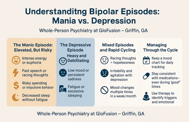 Infographic titled "Understanding Bipolar Episodes: Mania vs. Depression" by Whole-Person Psychiatry at GloFusion – Griffin, GA. It’s divided into four vertical sections: The Manic Episode (orange background) lists symptoms like intense energy, racing thoughts, risky behavior, and decreased sleep. The Depressive Episode (blue background) lists symptoms like persistent sadness, fatigue, and loss of interest. Mixed Episodes and Rapid Cycling includes combined symptoms such as hopelessness with racing thoughts, irritability, and frequent mood changes. Managing Through the Cycle provides tips such as mood tracking, medication consistency, therapy, and mindfulness.