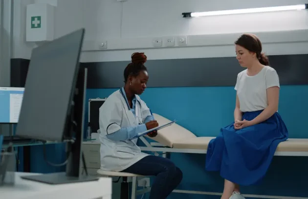 Medical specialist discussing healthcare system and treatment