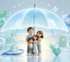 A conceptual, high-quality 3D render of a glowing, translucent protective umbrella gently shielding a small, happy family. Surrounding the umbrella are soft, floating medical and wellness symbols in pastel blues and greens. The lighting is bright, clean, and reassuring, symbolizing comprehensive health coverage, accepted insurance plans, and mental wellness. Minimalist, modern healthcare aesthetic.