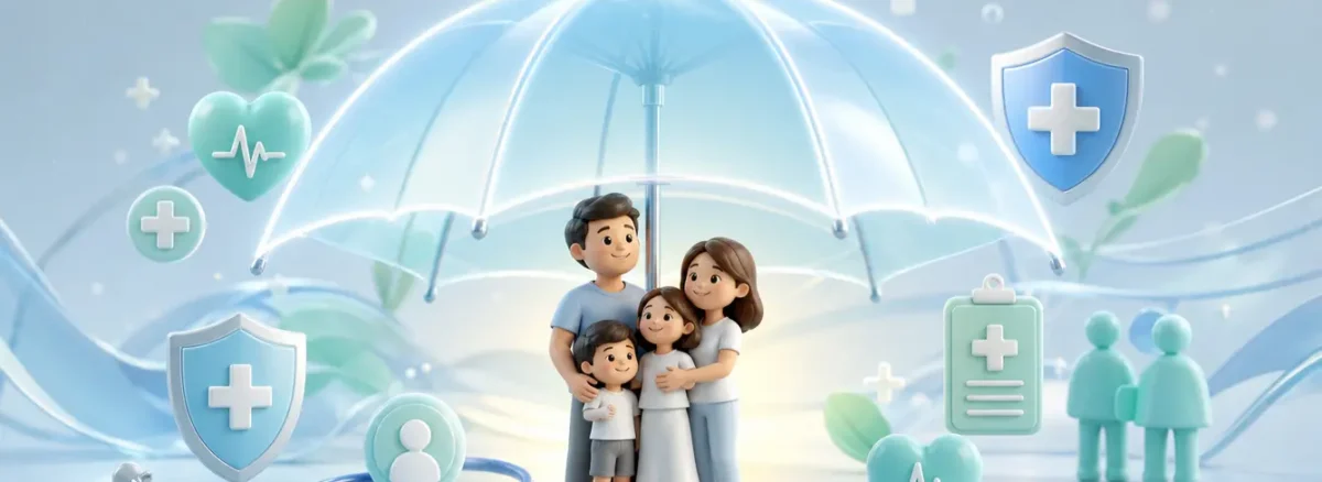 A conceptual, high-quality 3D render of a glowing, translucent protective umbrella gently shielding a small, happy family. Surrounding the umbrella are soft, floating medical and wellness symbols in pastel blues and greens. The lighting is bright, clean, and reassuring, symbolizing comprehensive health coverage, accepted insurance plans, and mental wellness. Minimalist, modern healthcare aesthetic.