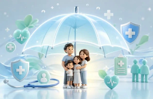 A conceptual, high-quality 3D render of a glowing, translucent protective umbrella gently shielding a small, happy family. Surrounding the umbrella are soft, floating medical and wellness symbols in pastel blues and greens. The lighting is bright, clean, and reassuring, symbolizing comprehensive health coverage, accepted insurance plans, and mental wellness. Minimalist, modern healthcare aesthetic.