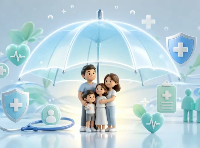 A conceptual, high-quality 3D render of a glowing, translucent protective umbrella gently shielding a small, happy family. Surrounding the umbrella are soft, floating medical and wellness symbols in pastel blues and greens. The lighting is bright, clean, and reassuring, symbolizing comprehensive health coverage, accepted insurance plans, and mental wellness. Minimalist, modern healthcare aesthetic.